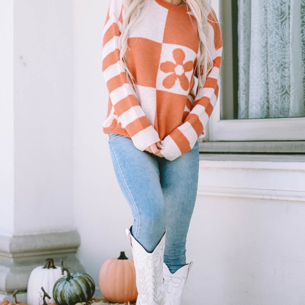 Brown Checkered Floral Print Striped Sleeve Sweater - Picture 4 of 8